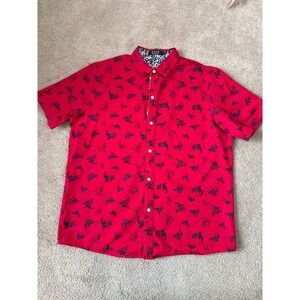 SSLR Men's Button Down Shirt Size L Red Shark Blue‎ Floral Lining Vacation Beach